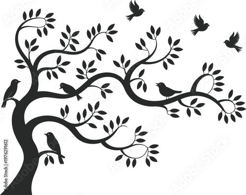 Slika na platnu Black and white line of a tree with blossoming flowers and flying birds line tre