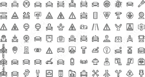 Car parking and urban transportation icons set featuring public bus vehicles parking meters accessibility symbols garage entrance and city traffic signs vector collection.