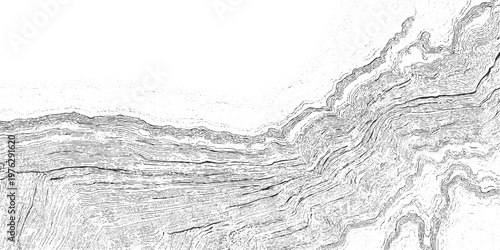 Black and white topographic map lines depicting geological strata and mountain contours abstract