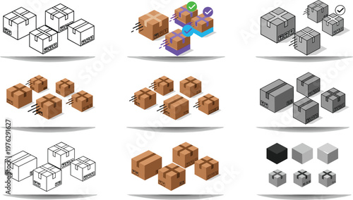 Logistics and delivery packaging icons set featuring brown cardboard boxes shipping parcels distribution services and fast mail transport elements vector collection.