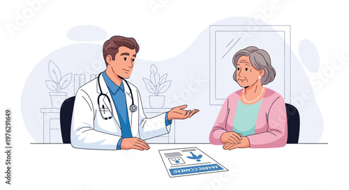 Doctor consulting with elderly woman in clinic office isolated on white background