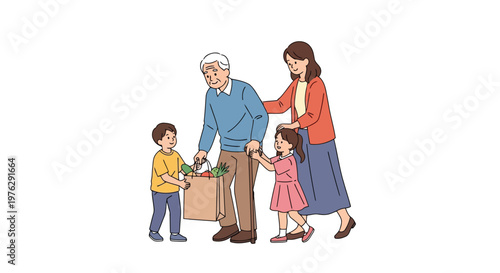 Family helping grandfather with groceries illustration isolated on white background
