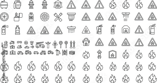 Fire safety and emergency protection icons featuring flame symbols fire extinguishers warning signs hydrant trucks and firefighting equipment elements vector.
