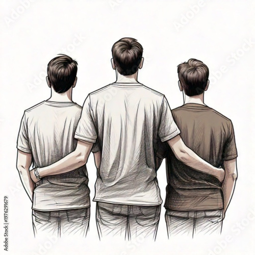 Three young men standing together arms around shoulders.