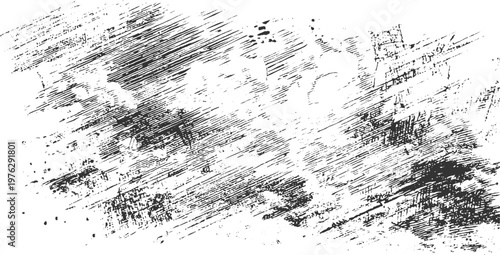 Black and white abstract textured background with diagonal hatching and speckled marks