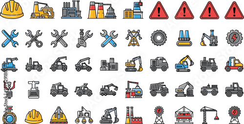 Mining and heavy construction industry icons set featuring excavators dump trucks pickaxes shovels helmets and industrial machinery for quarry or earth moving work vector collection