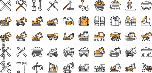Mining and heavy construction equipment icons featuring excavators dump trucks pickaxes shovels helmets and industrial machinery for quarry or coal mine vector illustration set.