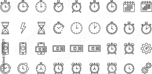 Large collection of time and clock line icons featuring stopwatches alarm clocks hourglasses digital displays calendars and scheduling symbols for productivity and time management design