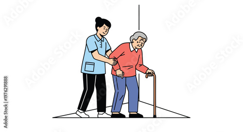 Caregiver helps elderly man with cane walk isolated on white background
