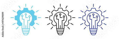 light bulb with cog innovation icon set, inspiration symbols in multiple styles, vector illustration for creative thinking and technology design.