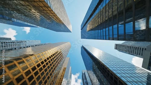 Modern skyscrapers against blue sky.