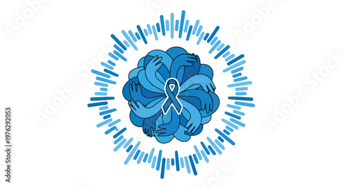 Hands forming circle with blue ribbon and sound waves isolated on white background