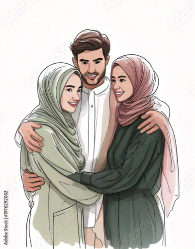 Muslim couple with two women in hijabs embracing.
