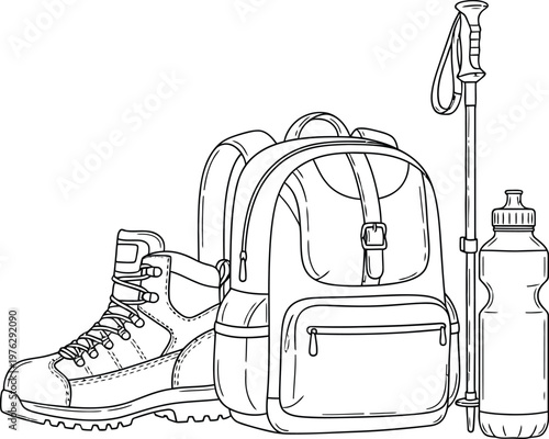 Sketch of hiking essentials including boots, backpack, water bottle, and trekking pole Vector