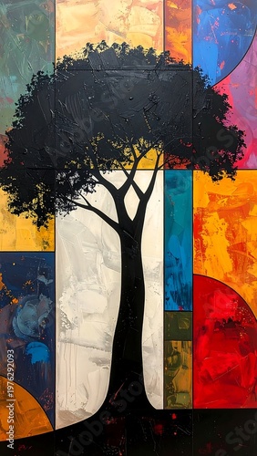 Colorful geometric pattern with tree silhouette creating artistic abstract background inspired by stained glass and vibrant paint textures