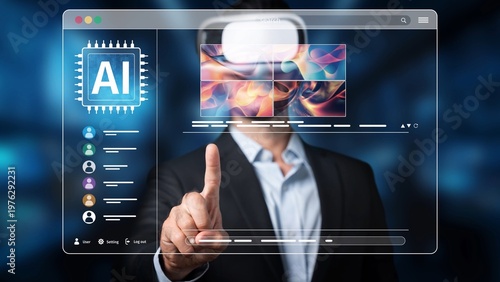 Schilderij op canvas A professional businessman engages with a virtual reality interface displaying stunning AI-generated art, highlighting the intersection of technology and creativity in today workspace