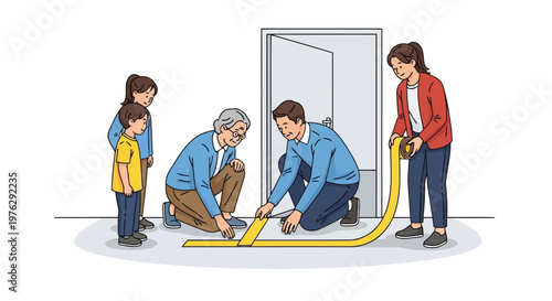 Family applying hazard tape for safety illustration isolated on white background