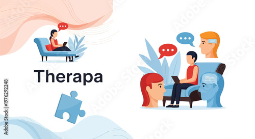 Therapy session with puzzle pieces illustration isolated on white background