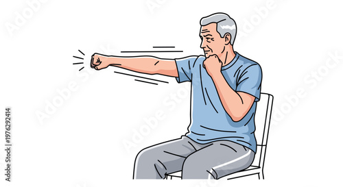 Elderly man practicing boxing motion isolated on white background