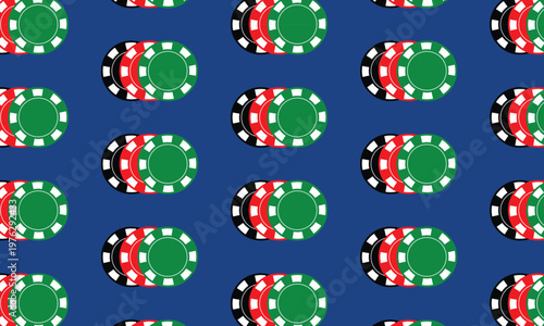 Pattern background of casino gambling concept with poker chips, betting tokens illustration, colorful flat vector design