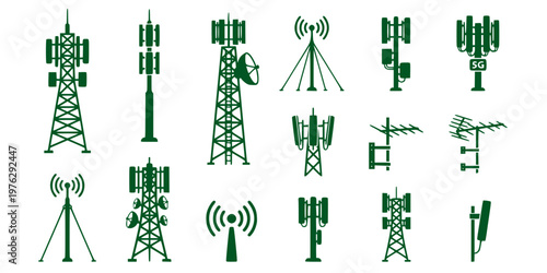 Tower wireless icon silhouettes. Communication tower icon vector. Set of wireless radio tower silhouettes. Black silhouettes of radio tower vector. Wireless tower silhouettes for business networking