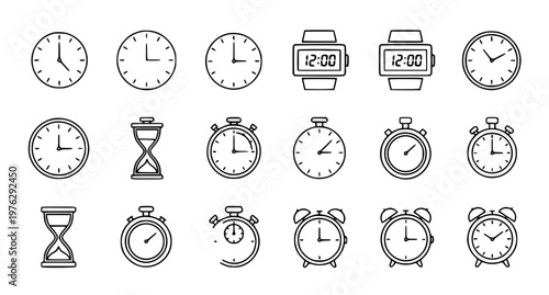 Minimal Clock and Watch Icons Line Style Time Management Vector Set