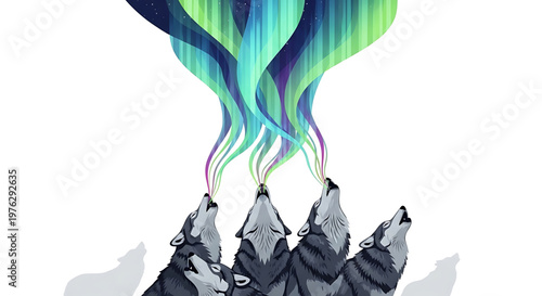 A vector graphic illustration of a pack of wolves howling with colorful smoke rising from their mouths