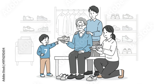 Family helps elderly man select shoes in store isolated on white background