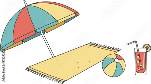 Relaxing beach scene with umbrella, towel, drink, and ball Vector