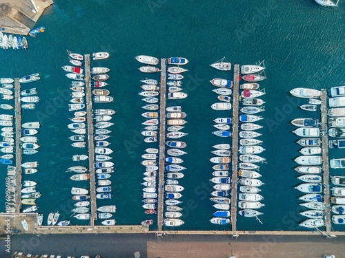 Aerial view of yachts and boats in Marina Piccola harbor. Cagliari, Sardinia, Italy