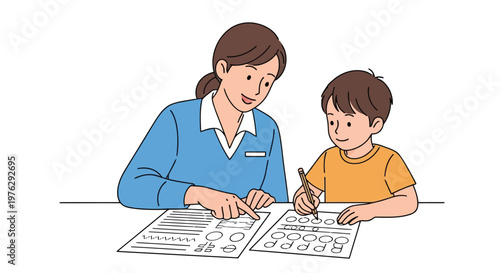 Teacher helping young boy with early learning exercises isolated on white background