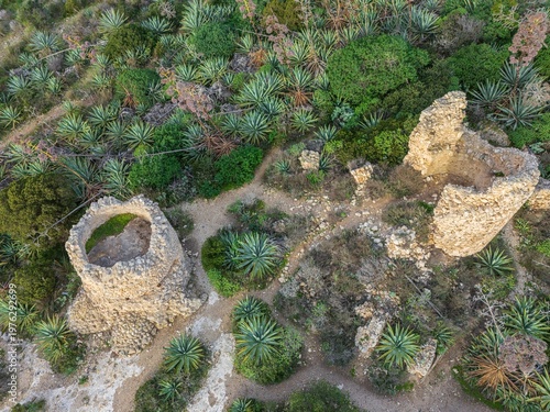 Aerial view of WWII bunker and pisan watchtower on Sella del Diavolo promontory in Cagliari. Sardinia, Italy