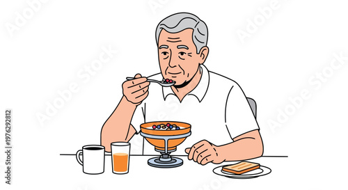 Elderly man eating breakfast with toast and juice illustration isolated on white background