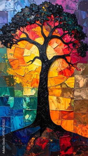 Abstract colorful wall art with tree silhouette and geometric panels forming striking modern background with rich texture and depth