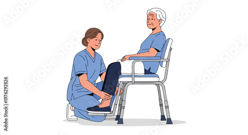 Nurse assisting patient with leg brace illustration isolated on white background