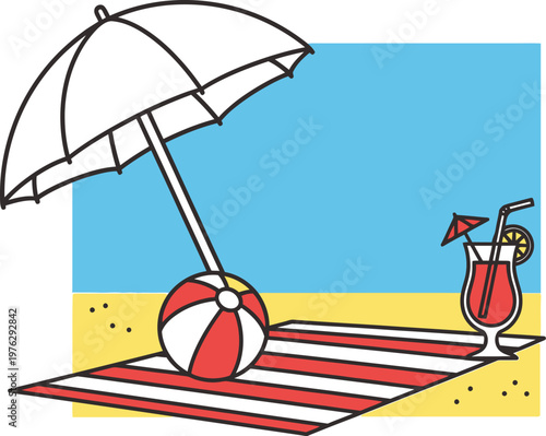 Relaxing beachside scene with an umbrella, towel, beach ball, and cocktail Vector
