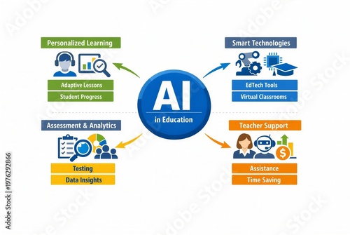 Infographic showing artificial intelligence integration in education. Diagram with teacher and student icons representing personalized learning, smart technology, analytics, and support.