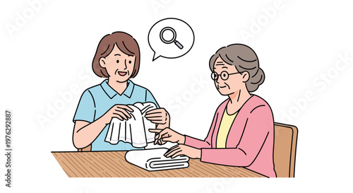 Caregiver helping elderly woman fold laundry illustration isolated on white background