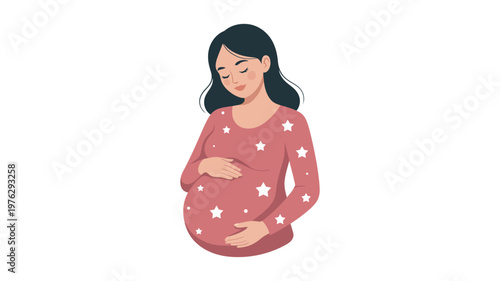 Cartoon illustration of a pregnant woman wearing pink starry dress holding her belly with closed eyes in peaceful pose.