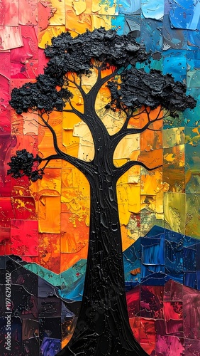 Modern stained glass inspired artwork with tree silhouette and vibrant color blocks creating expressive abstract decorative background design