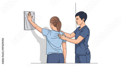 Physical therapist assisting patient with shoulder exercise isolated on white background