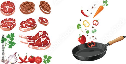 Collection of Fresh Meat Cuts, Vegetables, and Frying Pan with Ingredients for Cooking, Food Preparation, and Culinary Arts