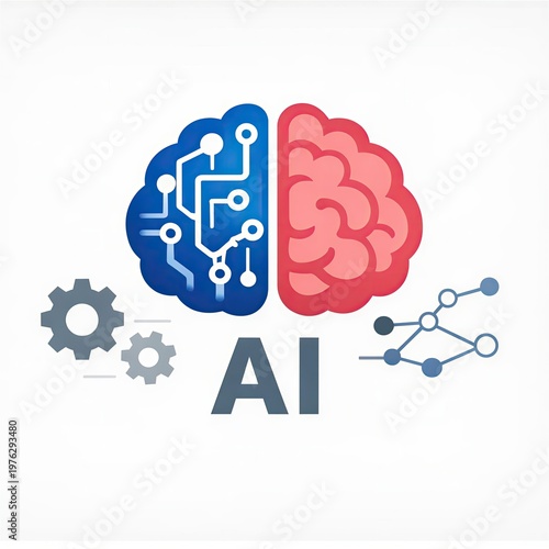 Artificial intelligence conceptual icon with human brain split into biological and digital circuit halves. Futuristic technology, machine learning and neural network science symbol design.