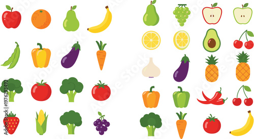 Flat Vector Set of Fresh Fruits and Vegetables Icons Collection Including Apple Banana Carrot Broccoli Pepper Avocado Lemon Cherry for Healthy Food Designs