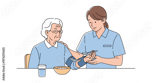 Nurse taking elderly patient's blood pressure illustration isolated on white background