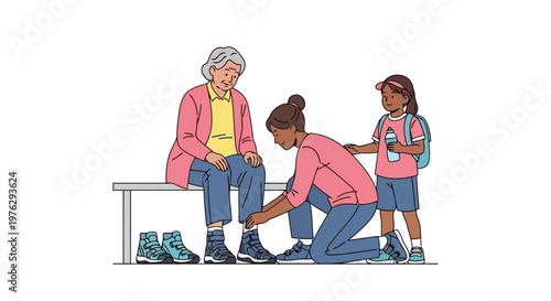 Caregiver helps child tie shoes for grandmother illustration isolated on white background