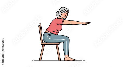 Elderly woman performs chair exercise for fitness illustration isolated on white background