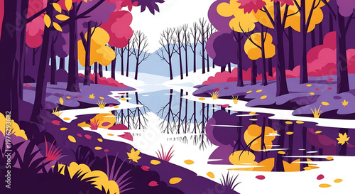 A vibrant and serene autumnal forest landscape with a winding river and colorful trees in a flat, minimalist vector illustration style.