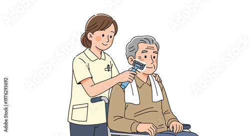 Nurse helps elderly man shave in wheelchair illustration isolated on white background