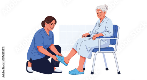 Caregiver assisting elderly woman with putting on slippers isolated on white background